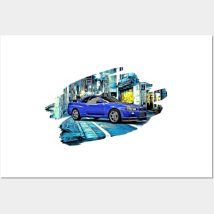 R34 Skyline Blue Tokyo Night Print Posters and Art